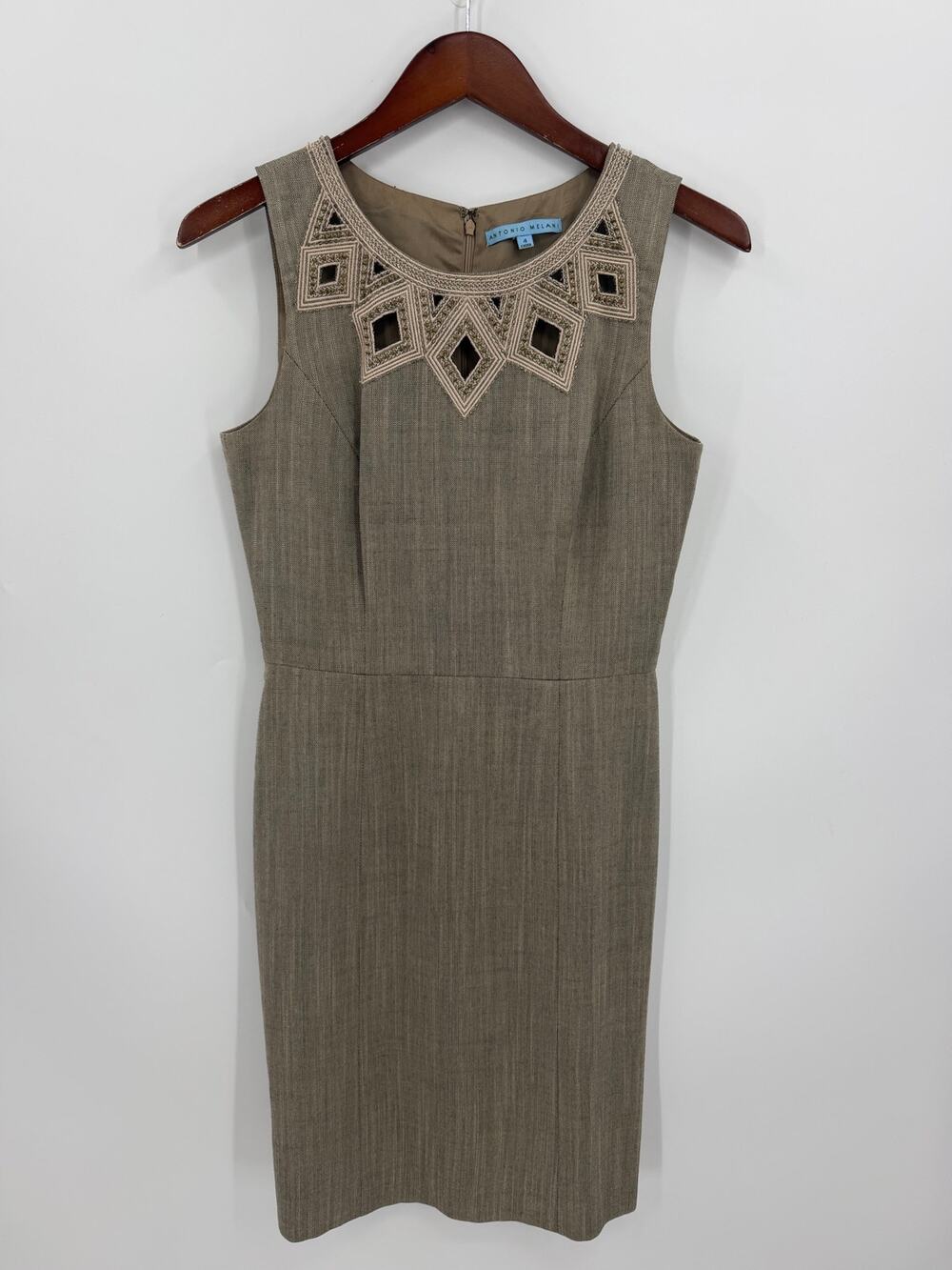 Antonio Melani Taupe Beaded Geometric Embroidered Cutout Sheath Dress Size 4